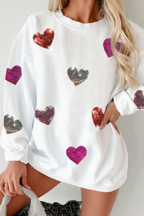 Valentine’s Day Sequin Heart Round Neck Long Sleeve Sweatshirt | Hanalas