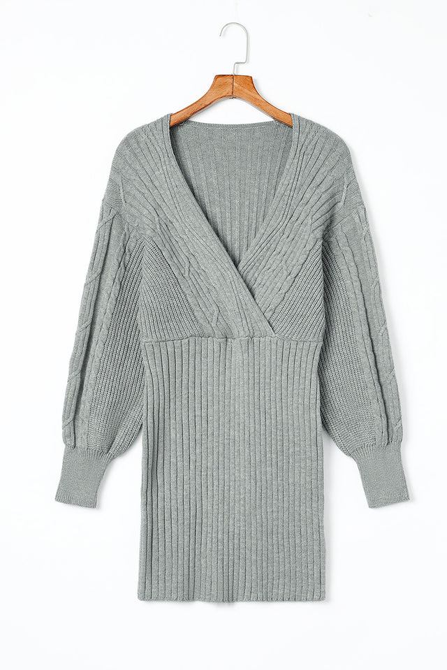 Cable-Knit Surplice Lantern Sleeve Sweater Dress Trendsi Hanalas