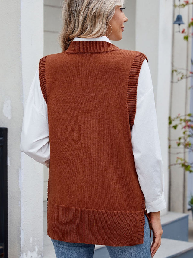 Buttoned Round Neck Sweater Vest | Hanalas