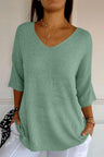 V-Neck Three-Quarter Sleeve Knit Top | Hanalas