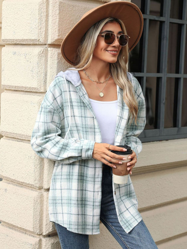 Drawstring Plaid Button Up Hooded Jacket Trendsi Hanalas