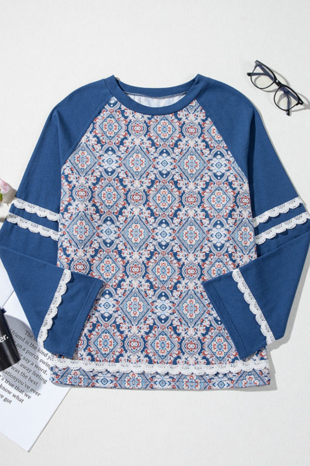 Lace Detail Geometric Round Neck Long Sleeve Top | Hanalas