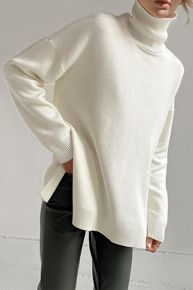 Basic Bae Side Slit Turtleneck Dropped Shoulder Sweater Trendsi Hanalas