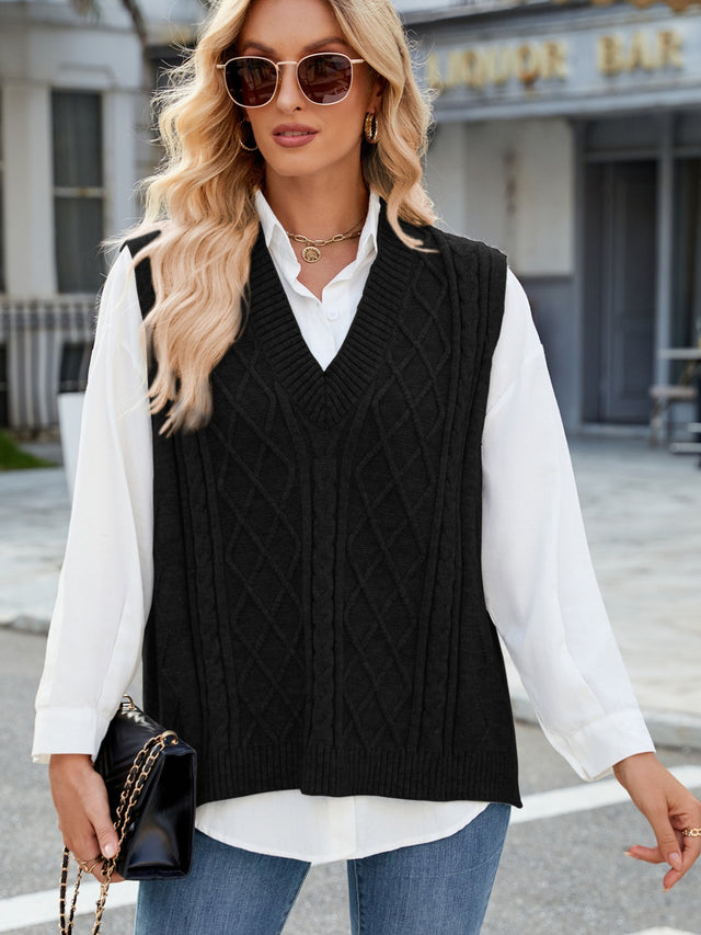 Cable Knit V-Neck Sweater Vest Trendsi Hanalas