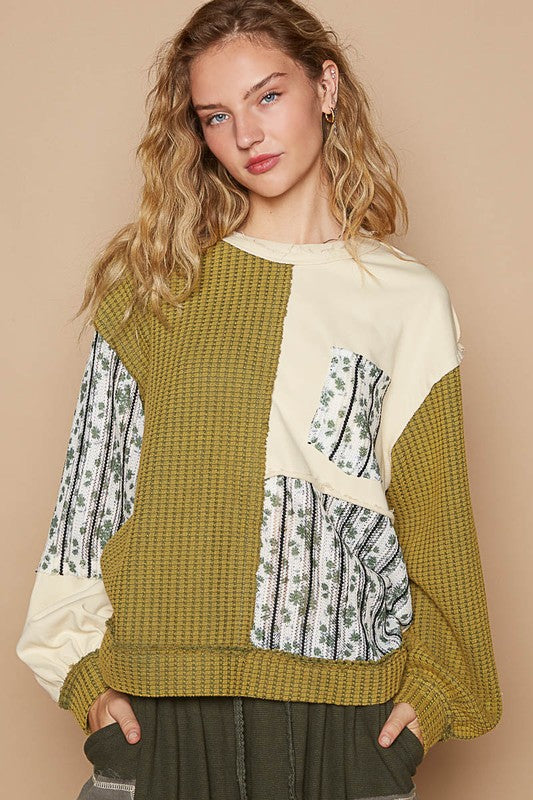 POL Exposed Seam Floral Patch Color Block Round Neck Sweatshirt | Hanalas