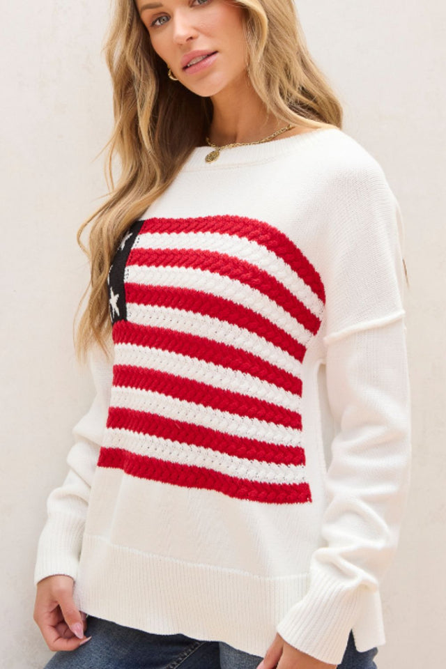 US Flag Side Slit Drop Shoulder Sweater | Hanalas