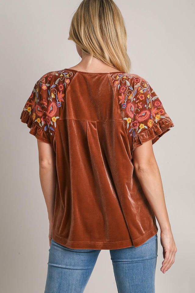 Umgee Velvet Embroidery Short Sleeve Blouse | Hanalas