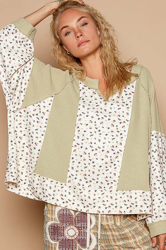 POL Waffle Knit Floral Notched Long Sleeve Top | Hanalas