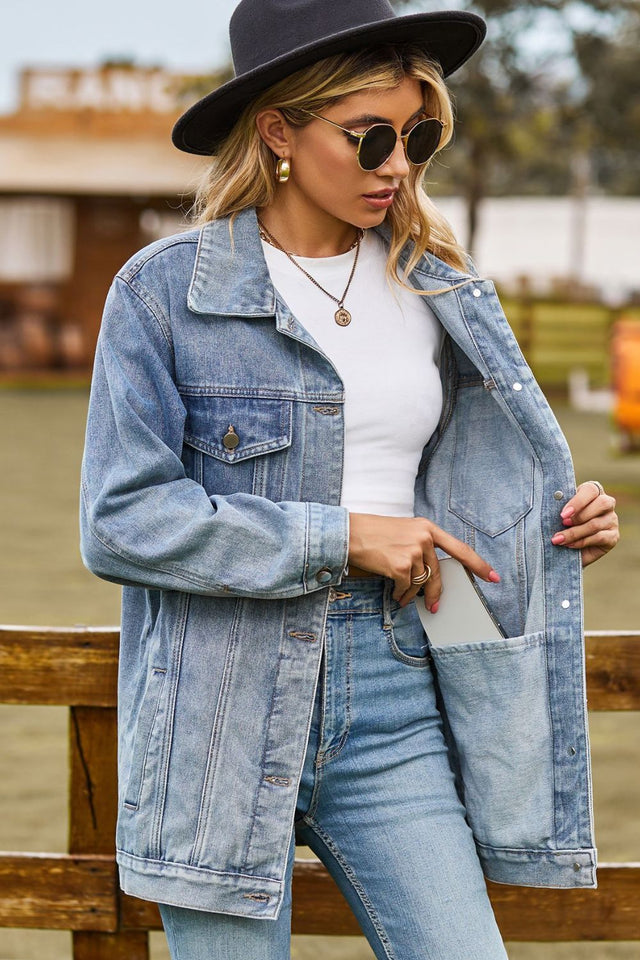 Buttoned Collared Neck Denim Jacket with Pockets Trendsi Hanalas