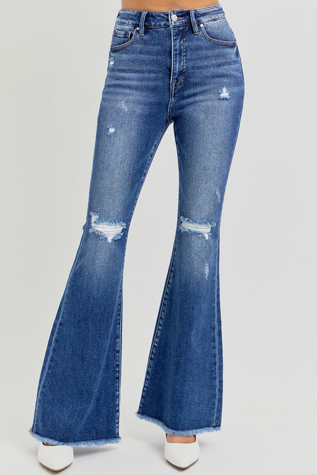 RISEN Full Size High Rise Distressed Raw Hem Flare Jeans | Hanalas