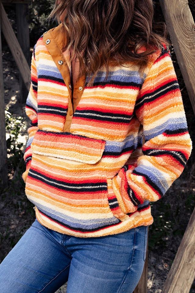 Contrast Striped Half Snap Long Sleeve Sweatshirt | Hanalas