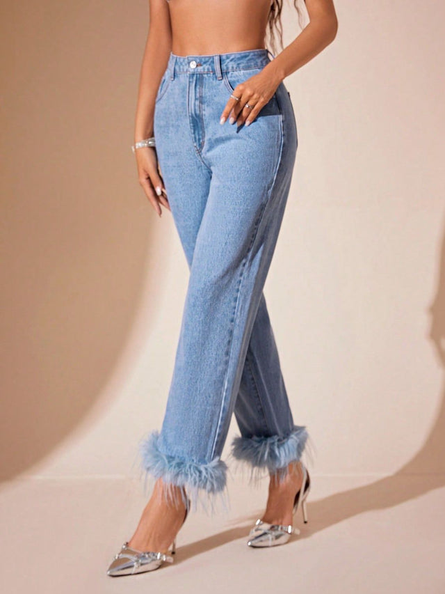 Plush Hem High Rise Straight Jeans Trendsi Hanalas