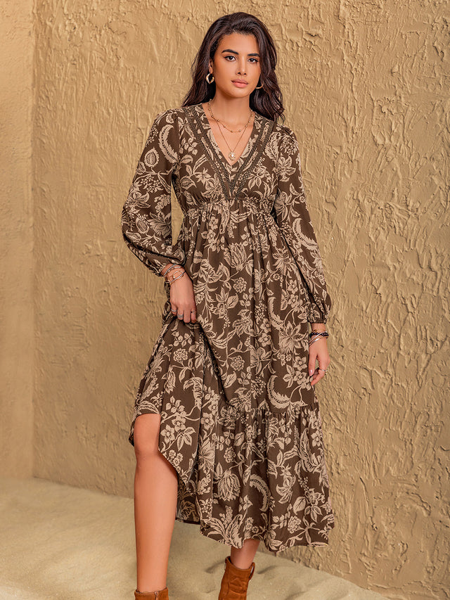 Ruched Printed V-Neck Long Sleeve Midi Dress Trendsi Hanalas