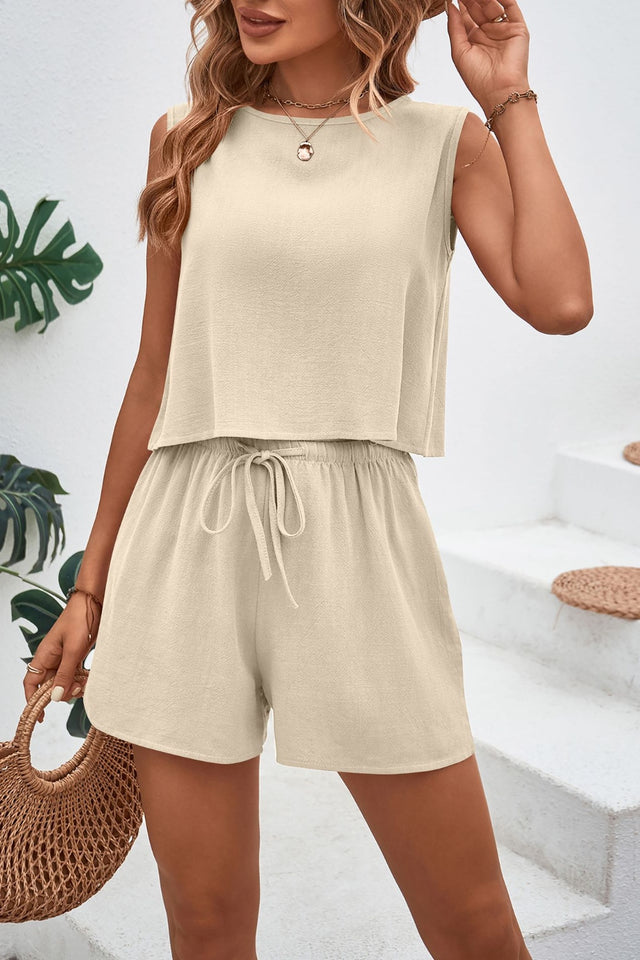 Round Neck Top and Drawstring Shorts Set | Hanalas