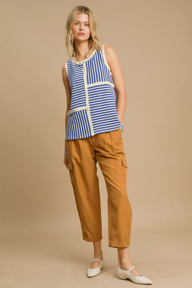 Umgee Round Neck Texture Striped Tank | Hanalas