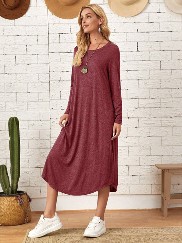 Pocketed Round Neck Long Sleeve Tee Dress - Hanalas