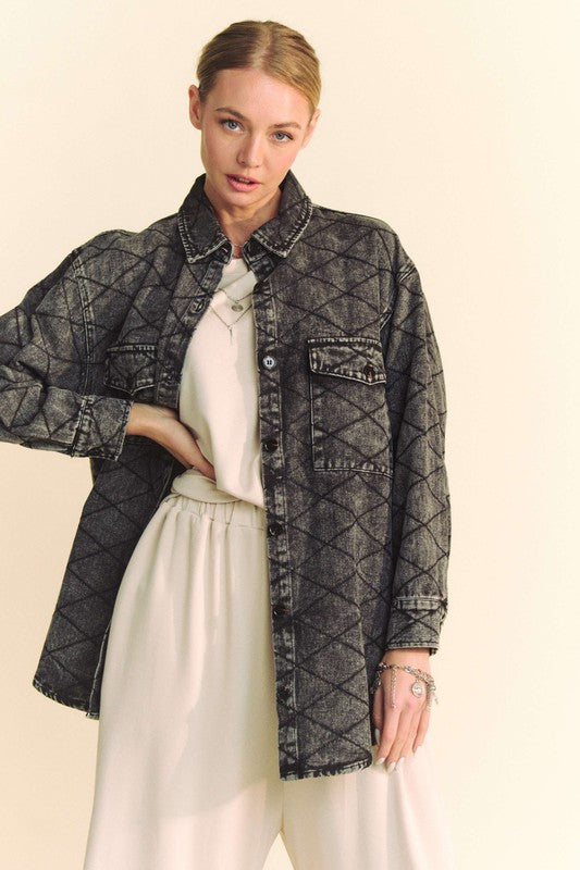 Davi & Dani Curved Hem Diamond Quilted Button Up Denim Shacket Trendsi Hanalas