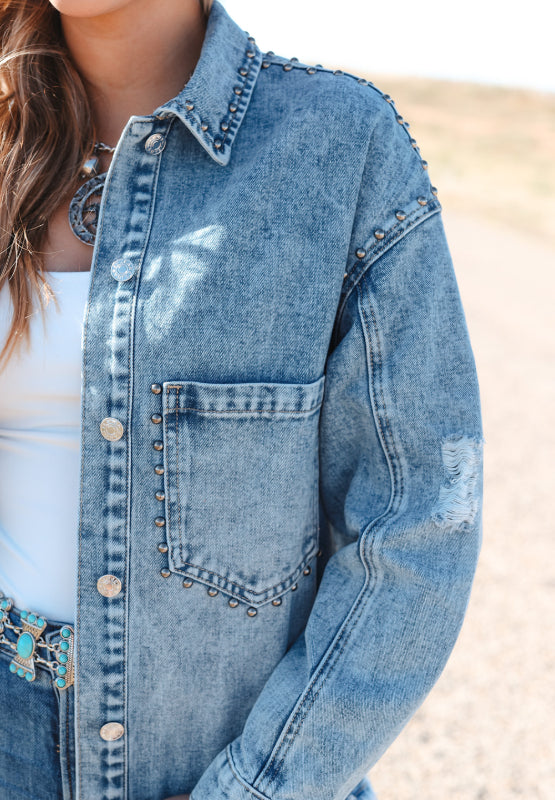 Studded Acid Wash Long Sleeve Denim Jacket | Hanalas