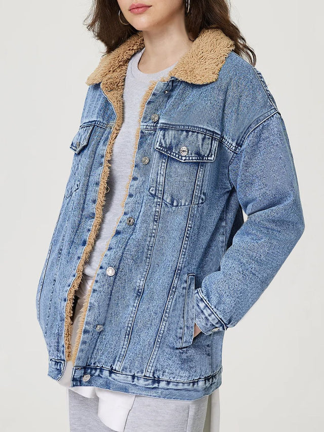 Button Up Collared Neck Plush Denim Jacket | Hanalas