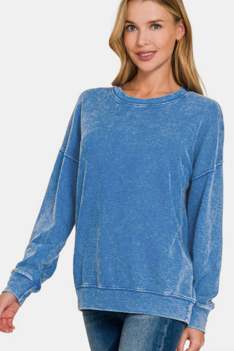 Zenana Washed Round Neck Dropped Shoulder Sweatshirt | Hanalas