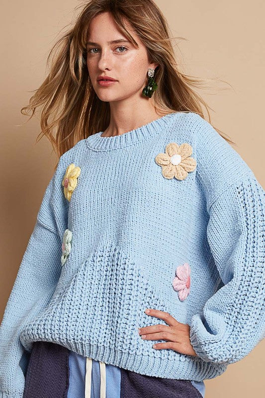 POL Crochet Flower Round Neck Dropped Shoulder Sweater | Hanalas