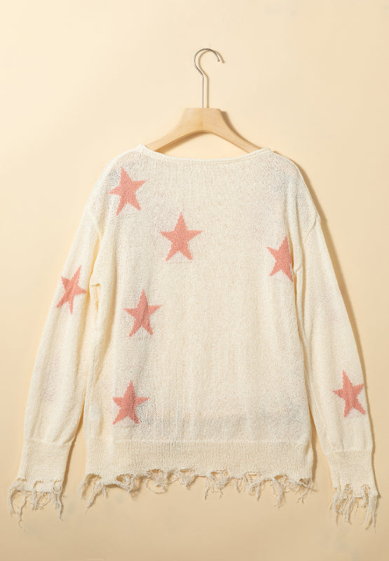 Contrast Star Raw Hem Long Sleeve Knit Top | Hanalas