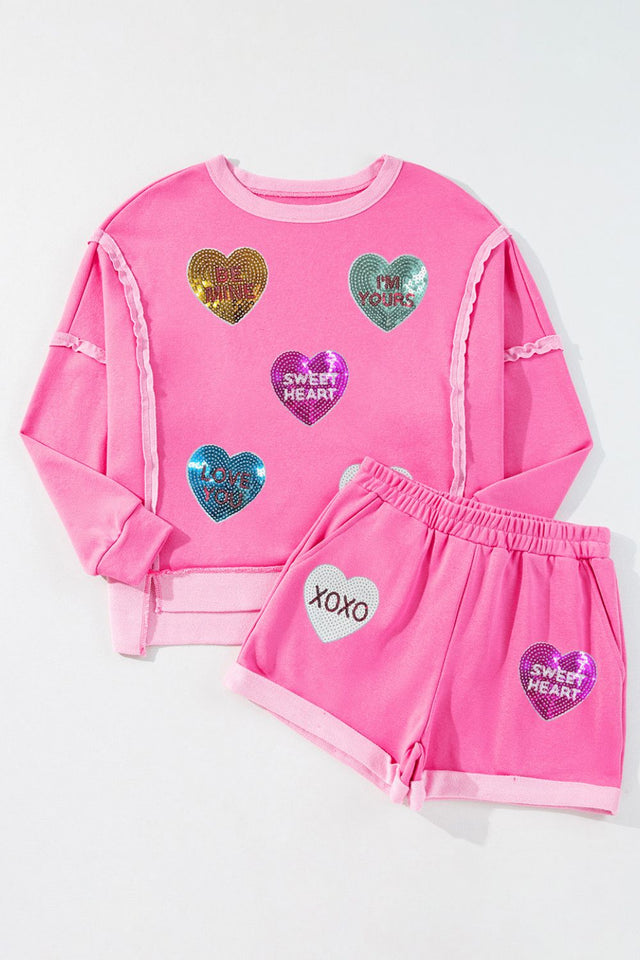 Sequin Heart Round Neck Top and Shorts Set | Hanalas