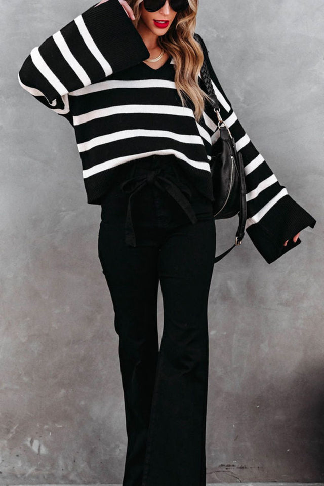 Striped Johnny Collar Long Sleeve Sweater | Hanalas