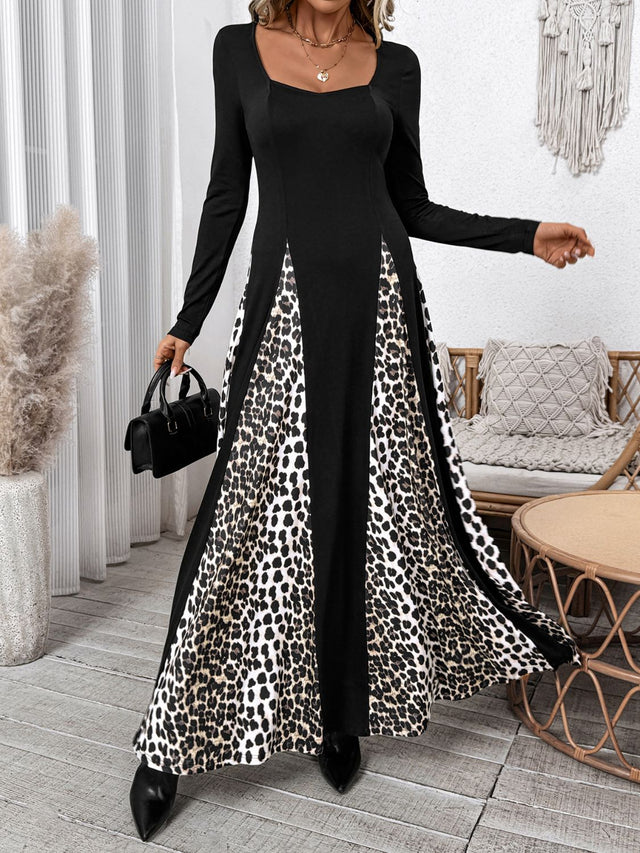 Perfee Leopard Square Neck Long Sleeve Maxi Dress | Hanalas