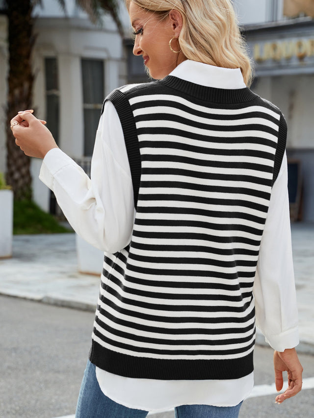 Slit V-Neck Striped Sweater Vest | Hanalas