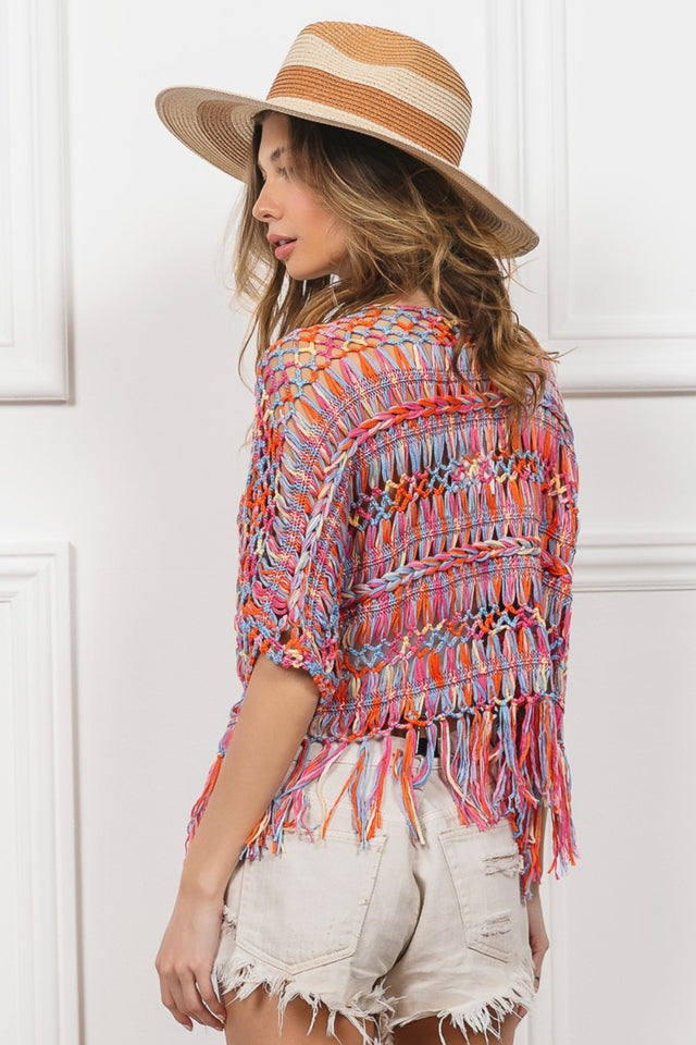 BiBi Open Front Fringed Crop Knit Cardigan | Hanalas