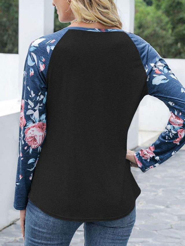 V-Neck Floral Long Sleeve T-Shirt | Hanalas