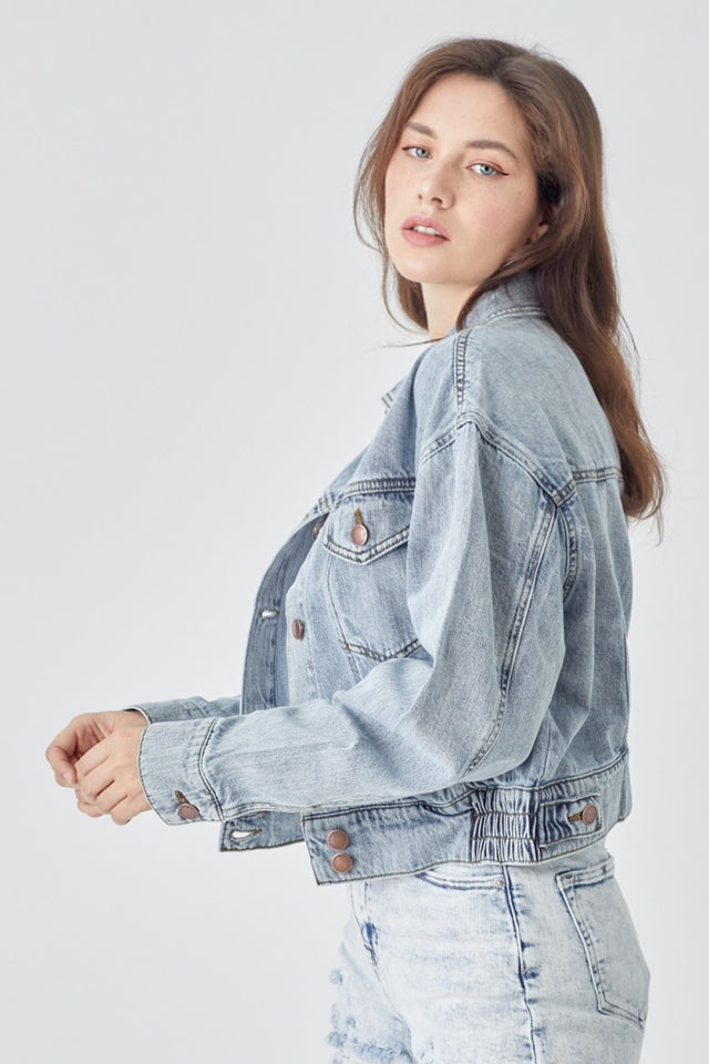 RISEN Full Size Button Down Cropped Denim Jacket | Hanalas