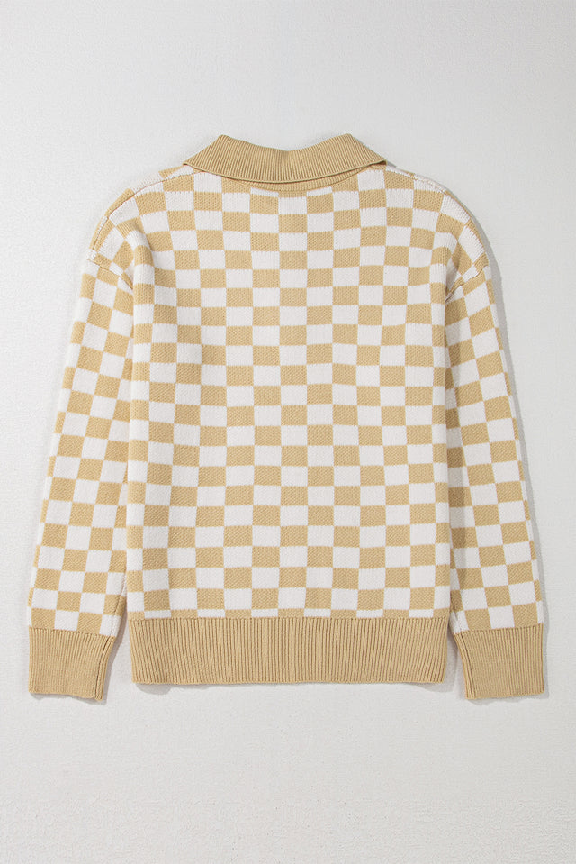 Checkered Collared Neck Long Sleeve Sweater | Hanalas