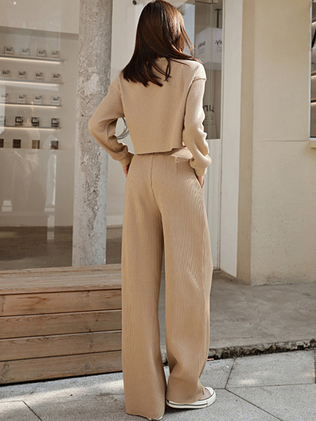 Waffle-Knit Round Neck Top and Pants Set | Hanalas