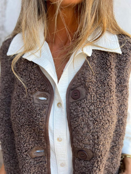 Full Size Pocketed Button Up V-Neck Sherpa Vest | Hanalas