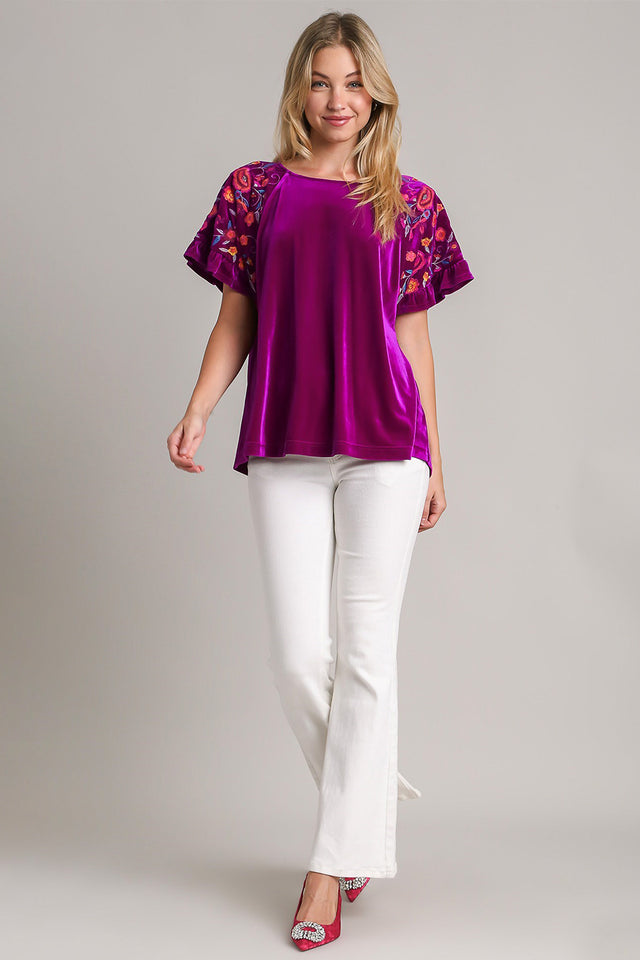 Umgee Full Size Velvet Embroidery Short Sleeve Blouse | Hanalas