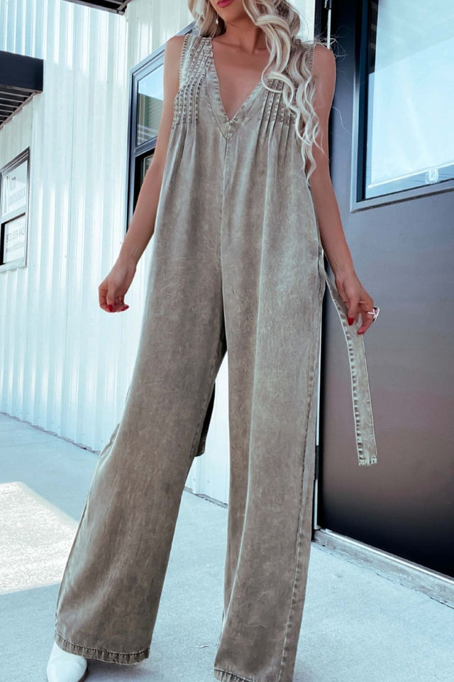 V-Neck Wide Leg Denim Jumpsuit | Hanalas