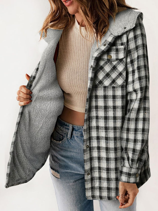 Plaid Snap Down Plush Hooded Jacket | Hanalas