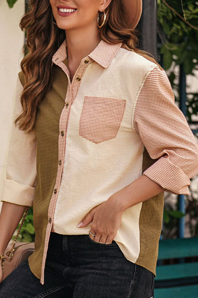 Contrast Plaid Button Down Long Sleeve Shirt | Hanalas