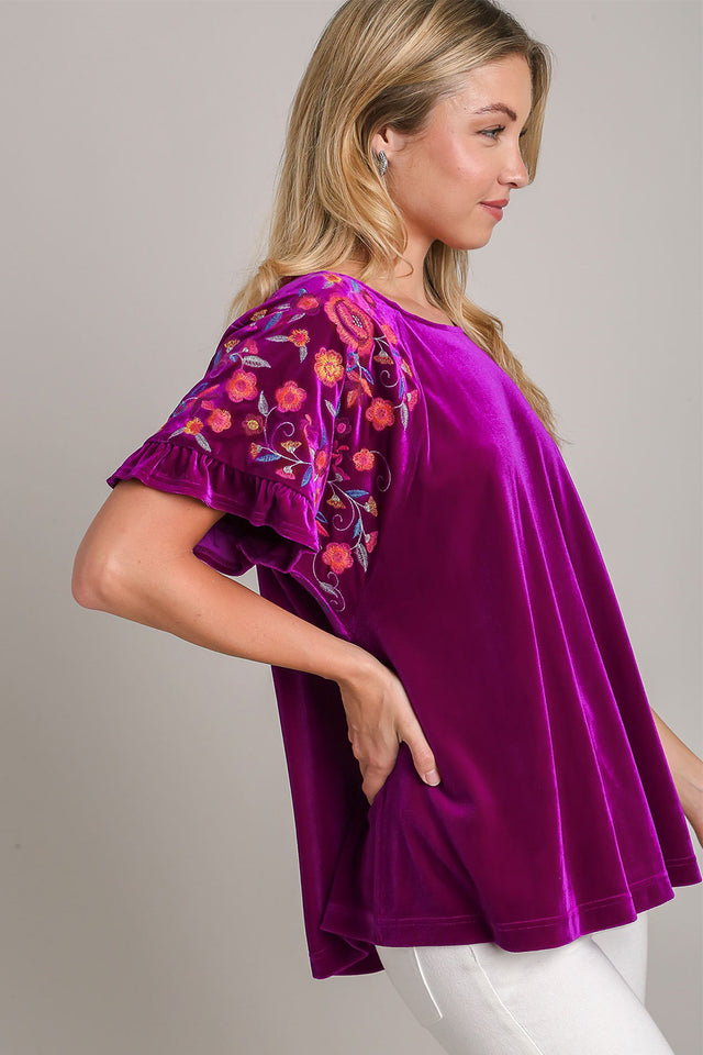 Umgee Full Size Velvet Embroidery Short Sleeve Blouse | Hanalas