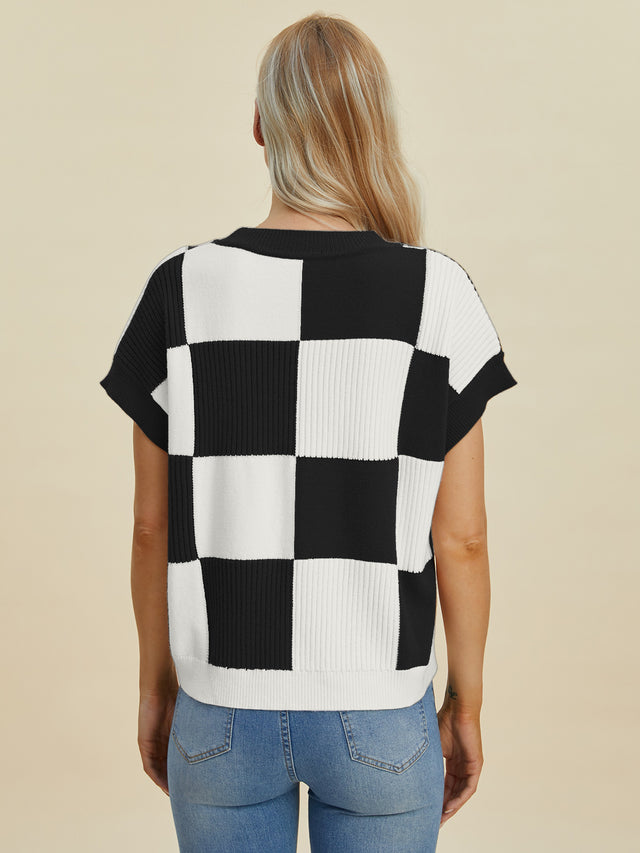 Double Take Full Size Checkered Round Neck Short Sleeve Sweater Trendsi Hanalas