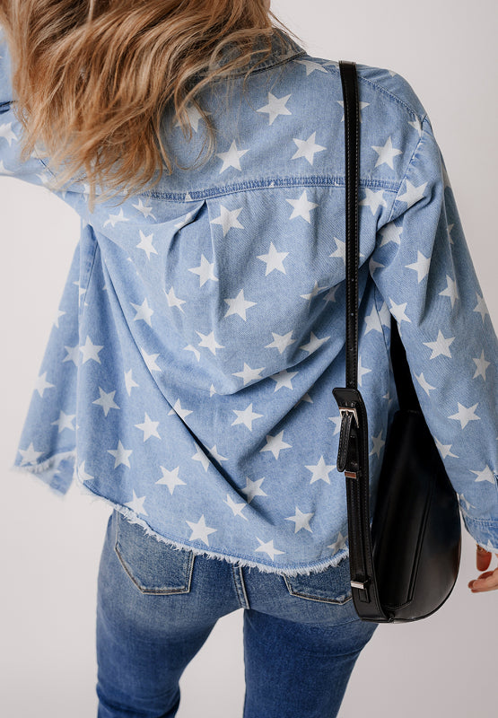 Raw Hem Star Collared Neck Denim Top