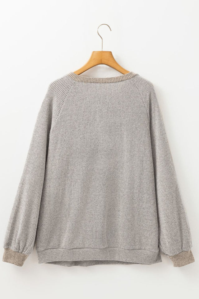 Contrast Quarter Button Round Neck Long Sleeve Top | Hanalas