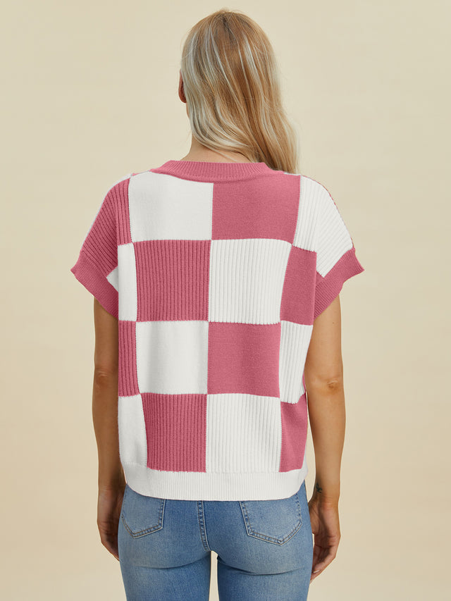 Double Take Full Size Checkered Round Neck Short Sleeve Sweater Trendsi Hanalas