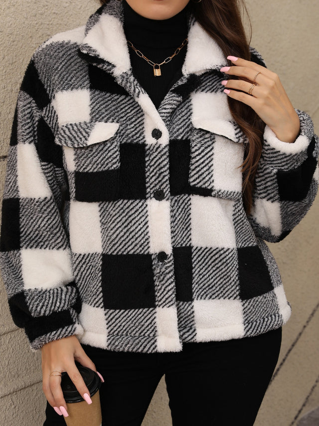 Plus Size Pocketed Plaid Collared Neck Jacket | Hanalas