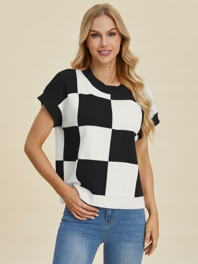 Double Take Full Size Checkered Round Neck Short Sleeve Sweater Trendsi Hanalas