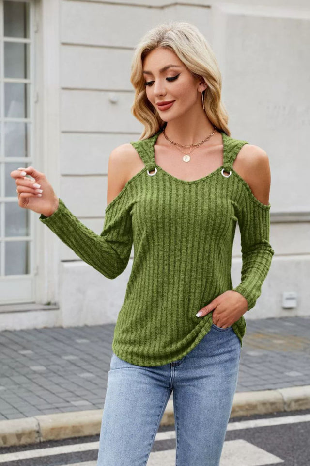 Ribbed Cold Shoulder Long Sleeve Top | Hanalas