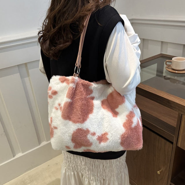 Cow Print Furry Tote Bag Trendsi Hanalas