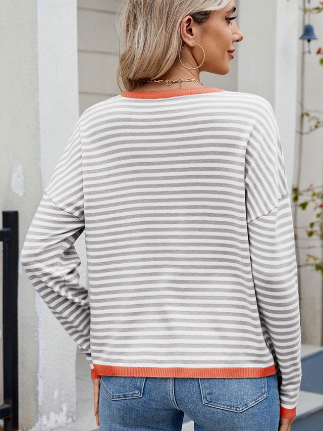 Striped Contrast Round Neck Long Sleeve Sweater | Hanalas